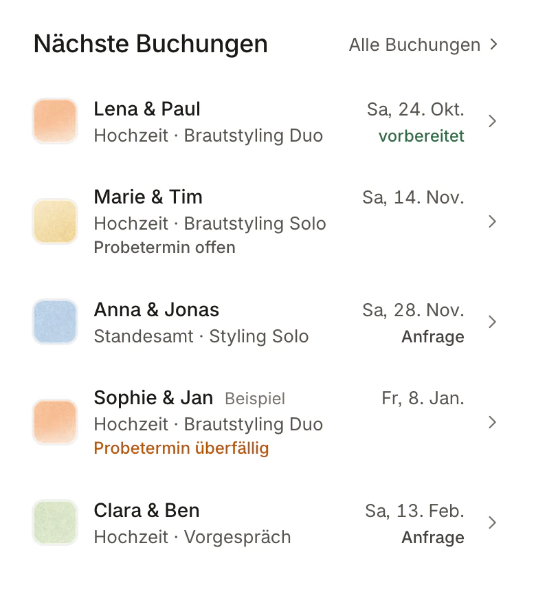 Ausschnitt aus sicht am Handy: die nächsten Buchungen mit Datum und Stand – Beispieldaten
