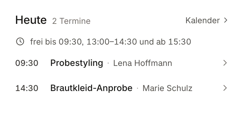 Ausschnitt aus sicht: die Termine von heute mit Uhrzeit – Beispieldaten