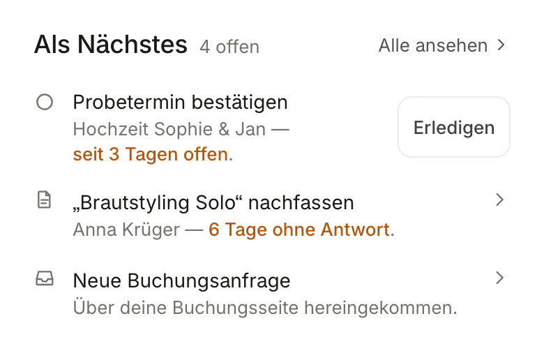 Ausschnitt aus sicht: „Als Nächstes“ mit Probetermin und einer Erinnerung – Beispieldaten